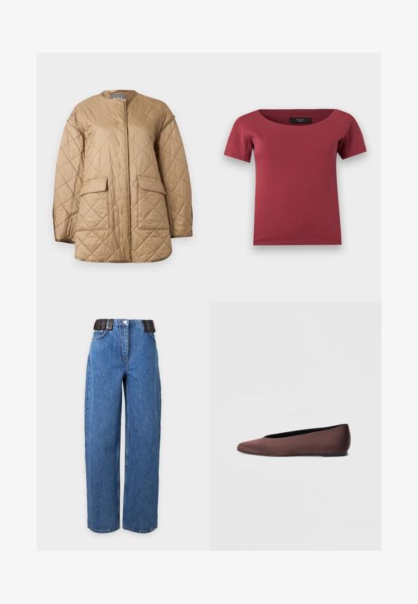 Veste matelassée beige à manches longues, col rond, poches à rabat à l'avant, avec un motif de couture en forme de losange.; Haut pour femmes à manches courtes, de couleur rose foncé, avec un large décolleté en arrondi et une coupe ajustée, posé à plat sur un fond blanc.; Jean bleu droit avec poches latérales, fermeture à boutons sur le devant, et ceinture élastique noire à motif rayé.; Ballerines en tissu marron avec un bout pointu et une texture lisse, dotées d'un talon bas et d'une fine semelle noire. Aucune motif ni élément métallique visible.