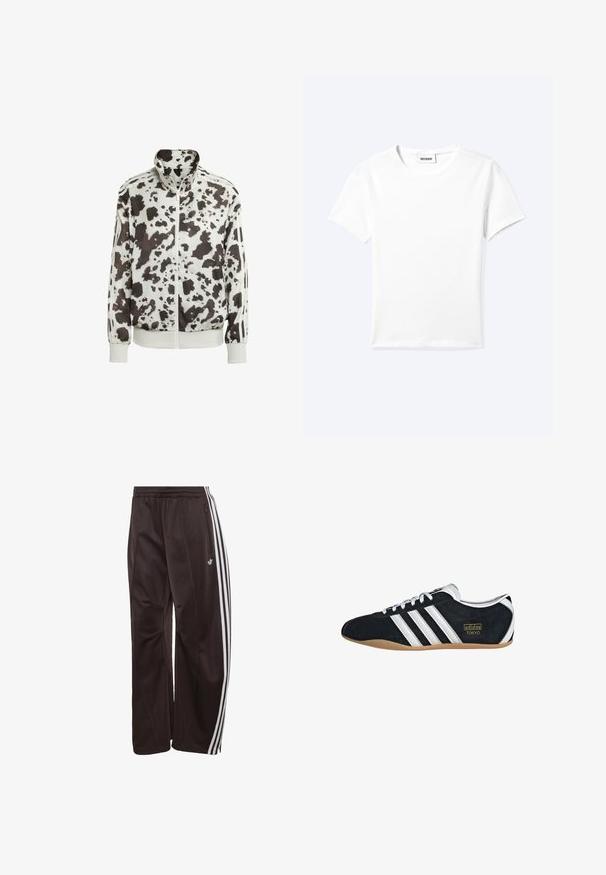Witte jas met een zwart en bruin koeienprint. Heeft een hoge kraag, rits aan de voorkant en gestreepte accenten op de mouwen. Soepele, lichte stof.; Effen wit T-shirt met korte mouwen en ronde hals met een klein "WEEKDAY" label aan de binnenkant van de hals, plat neergelegd op een lichte achtergrond.; Zwarte Adidas trainingsbroek met witte drie strepen langs de zijkanten, elastische tailleband, zijzak met rits en Adidas-logo op het linkerbeen.; Zwarte suède sneaker met witte drie strepen, gouden logo en een bruine rubberen zool. Heeft een laag profiel vetersluiting ontwerp.