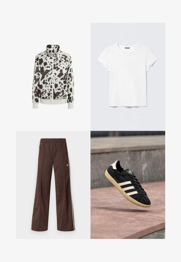 Hvid jakke med sort og brun cow print. Har høj krave, lynlåsfortil og stribede detaljer på ærmerne. Glat, let materiale.; Enkelt hvid T-shirt med korte ærmer og V-hals, med et lille "WEEKDAY" mærke indeni kraven, vist mod en lysegrå baggrund.; Brune atletiske bukser med vidde ben, hvide striber på siden, elastisk linning og to sidelommer. Har et lille logo på benet.; Sort Adidas sneaker med hvide striber og beige sål, fanget i luften over en stenet overflade og baggrund af en stenmur.