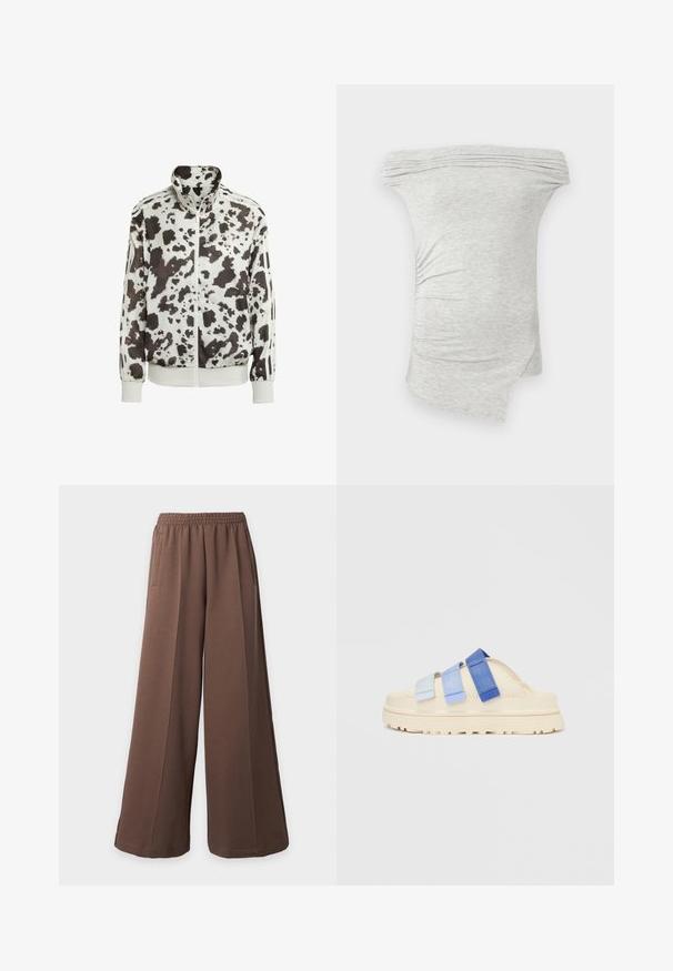 Hvid jakke med sort og brun cow print. Har høj krave, lynlåsfortil og stribede detaljer på ærmerne. Glat, let materiale.; Lysegrå off-shoulder top med plisseret halsudskæring og asymmetrisk kant, med let rynket detalje på den ene side.; Løstsiddende brune vidde sweatpants med elastik i taljen og sidelommer på en ensfarvet lys baggrund.; Sandaler med en cremefarvet ydersål og tre justerbare remme i lys blå og mørk blå. Designet har en kraftig, struktureret sål.