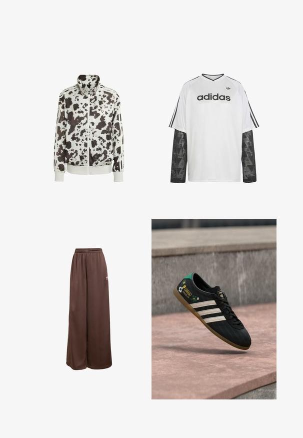 Witte jas met een zwart en bruin koeienprint. Heeft een hoge kraag, rits aan de voorkant en gestreepte accenten op de mouwen. Soepele, lichte stof.; Witte Adidas longsleeve met zwarte mesh mouwen, zwart Adidas-logo en tekst op de borst, en drie zwarte strepen op de mouwen van de schouders.; adidas Originals Trainingsbroek - auburn cream white; Zwarte sportschoen met witte strepen, een bovenwerk met patroon en bloemenaccenten, en een groene hiel. Rubberen zool zorgt voor grip.