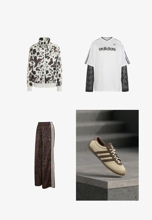 Weiße Jacke mit einem schwarz-braunen Kuhfleckenmuster. Verfügt über einen hohen Kragen, einen Reißverschluss vorne und gestreifte Akzente an den Ärmeln. Aus glattem, leichtem Material.; Weißes Adidas Langarmshirt mit schwarzen Netzärmeln, schwarzem Adidas-Logo und Schriftzug auf der Brust sowie drei schwarzen Streifen auf den Schulternärmeln.; Weit geschnittene Hose mit braun-schwarzem Schlangenhautmuster, weißen Seitenstreifen und elastischem Bund, mit kleinem Adidas-Logo.; Beiger und brauner gewebter Sneaker mit drei Streifen und weißen Schnürsenkeln, schwebend über einem Betonabbruch mit Treppen im Hintergrund.