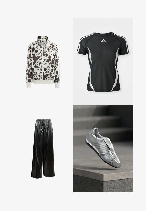 Witte jas met een zwart en bruin koeienprint. Heeft een hoge kraag, rits aan de voorkant en gestreepte accenten op de mouwen. Soepele, lichte stof.; Zwarte Adidas sport T-shirt met korte mouwen, voorzien van witte strepen op de schouders en zilveren gebogen accenten aan de zijkanten.; Zwarte, wijde broek met elastische taille, gemaakt van glanzend materiaal; heeft een zilveren Adidas-logo aan de onderkant links.; Zilveren voetbalschoen met strak, glad leer, een gestroomlijnde vorm, met subtiele textuurlijnen en een zwarte rubberen zool. Opvallende +F50 branding.