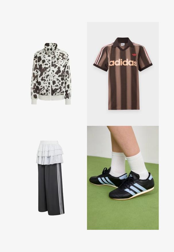 Hvid jakke med sort og brun cow print. Har høj krave, lynlåsfortil og stribede detaljer på ærmerne. Glat, let materiale.; Brunstribet Adidas polo-shirt med V-hals, bordeaux krave og rødt logo. Har hvide og røde skulderstriber samt korte ærmer.; Athletiske bukser i mørkegrå med tre hvide striber på siden, toppet med et lagdelt flæset hvidt lag. Blødt stof, bred pasform.; Sorte lædersportssko med lyseblå striber, teksturerede overdele og gummisko, parret med hvidt ribbet sokker på grønne gulve.