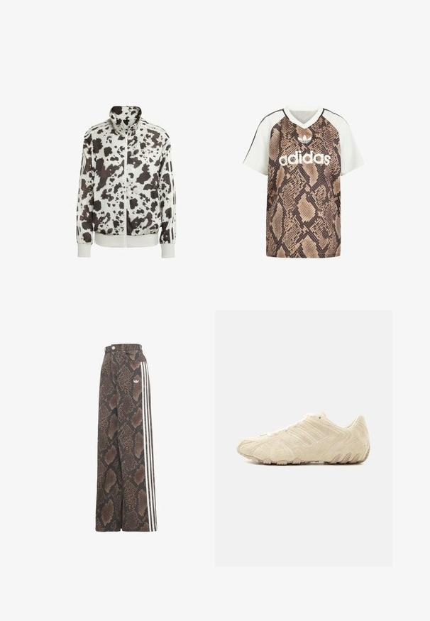 Hvid jakke med sort og brun cow print. Har høj krave, lynlåsfortil og stribede detaljer på ærmerne. Glat, let materiale.; Adidas kortærmet V-hals shirt med hvide ærmer og brun slangeprint krop, med hvid Adidas-logo og trefoil-emblem foran.; Bukser med brede ben med brunt og sort slangeskindsmønster, med hvidt tre-stribet sidestykke og Adidas trefoil logo på hoften.; Lavprofil beige ruskind sneaker med tekstureret overdel, syninger og en robust sål, vist fra ydersiden på en hvid baggrund.