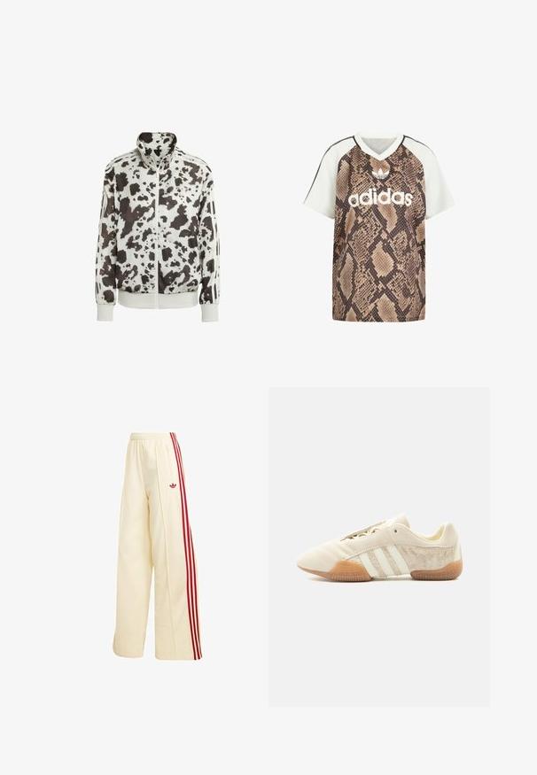 Veste blanche avec un imprimé vache noir et marron. Présente un col haut, une fermeture éclair à l'avant et des accents rayés sur les manches. Matière lisse et légère.; T-shirt Adidas manches courtes col V avec manches blanches et corps à imprimé serpent marron, avec logo Adidas blanc et emblème trèfle devant.; Pantalon de survêtement ample couleur crème avec bandes latérales rouges, taille élastique, poche zippée et logo Adidas rouge sur la cuisse.; Baskets beige profil bas avec trois bandes blanches, panneaux latéraux en suède texturé, semelle en gomme et fermeture à lacets sur fond uni.