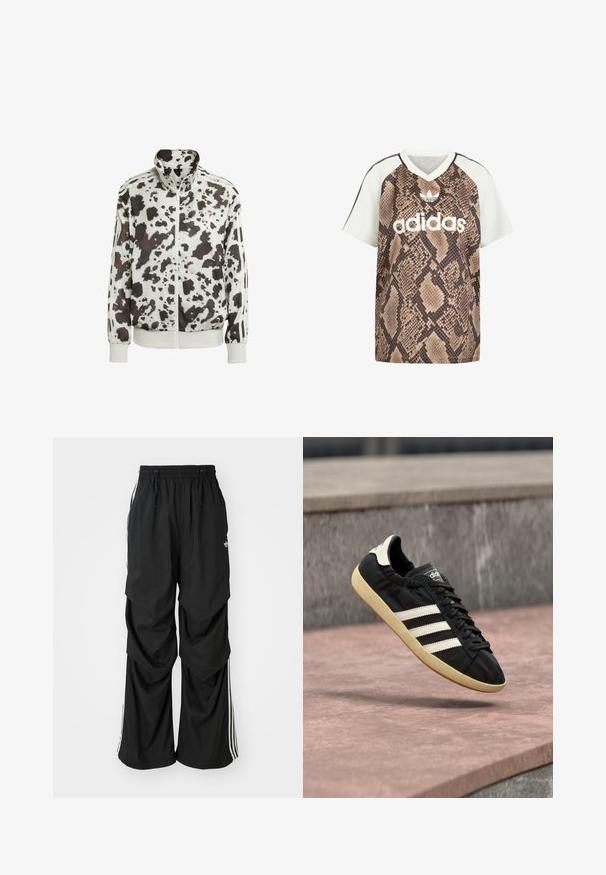 Biela bunda s čierno-hnedou kravskou potlačou. Má vysoký golier, zips vpredu a pruhované akcenty na rukávoch. Hladký, ľahký materiál.; Tričko Adidas s krátkym rukávom a strihom do V, s bielymi rukávmi a hnedým hadím vzorom na tele, s bielym logom Adidas a emblémom trefoil vpredu.; Čierne voľné nohavice s elastickým pásom, sťahovacou šnúrkou a bielymi bočnými prúžkami; vyrobené z ľahkej tkaniny s hladkou textúrou.; Čierna teniska Adidas s bielymi pruhmi a béžovou podrážkou, zachytená vo vzduchu nad kamenným povrchom a kamennou stenou v pozadí.