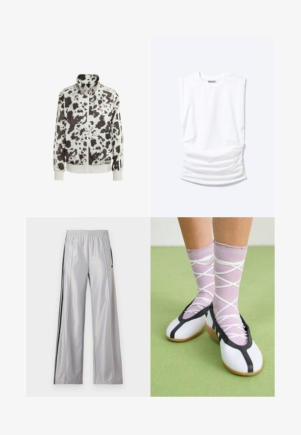 Veste blanche avec un imprimé vache noir et marron. Présente un col haut, une fermeture éclair à l'avant et des accents rayés sur les manches. Matière lisse et légère.; T-shirt blanc sans manches à col rond, épaules rembourrées et côtés froncés, posé à plat sur fond clair.; Pantalon de survêtement Adidas gris clair avec une taille élastique, des bandes latérales noires et un petit logo Adidas noir sur la cuisse gauche.; Jambes portant des chaussettes lavande côtelées avec des brides blanches croisées, associées à des ballerines blanches avec un bord noir sur un sol vert.