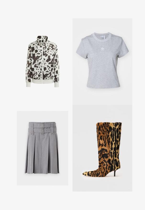 Hvid jakke med sort og brun cow print. Har høj krave, lynlåsfortil og stribede detaljer på ærmerne. Glat, let materiale.; adidas Originals ESS SLIM TEE - T-shirts basic - medium grey heather; Grå plisseret nederdel med striber med dobbelt bælte og sølvspænder, med D-ring detaljer ved taljen.; Mid-calf højhælede støvler dækket af brun og sort leopardmønstret faux pels med spids tå og slank hæl.