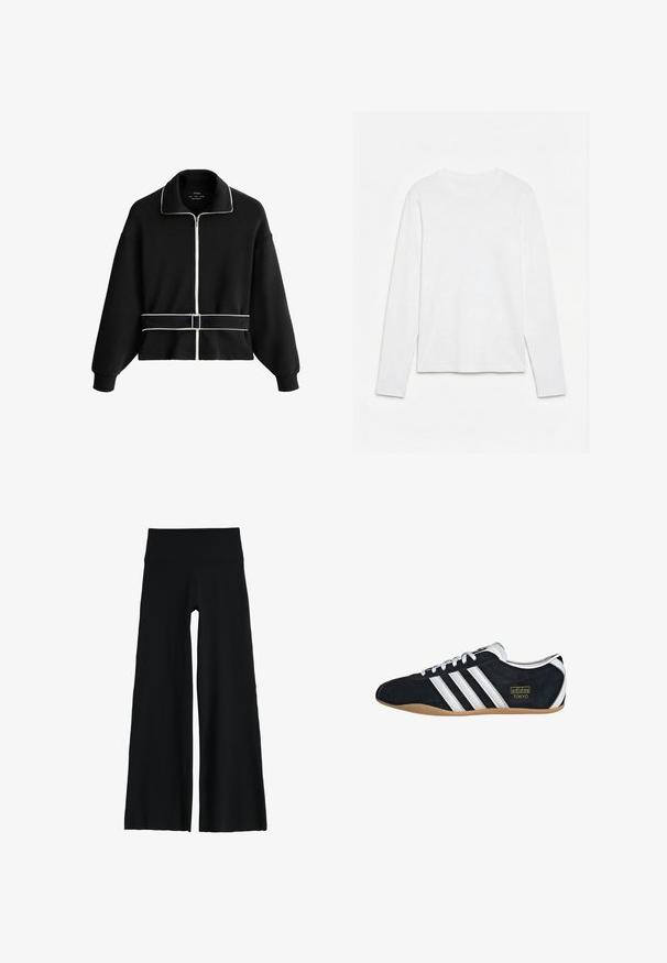 Veste noire à manches longues avec fermeture éclair, détails en biais blancs le long de la fermeture éclair, du col et de la ceinture de taille avec boucle.; T-shirt blanc uni à manches longues et col rond, posé à plat sur une surface blanche, montrant l'avant et la longueur complète des manches.; Pantalon noir à jambes larges avec taille haute et tissu lisse, conçu pour une coupe décontractée et un port confortable.; Sneakers en suede noir avec trois bandes blanches, logo doré et semelle en caoutchouc marron. Présente un design à lacets à profil bas.