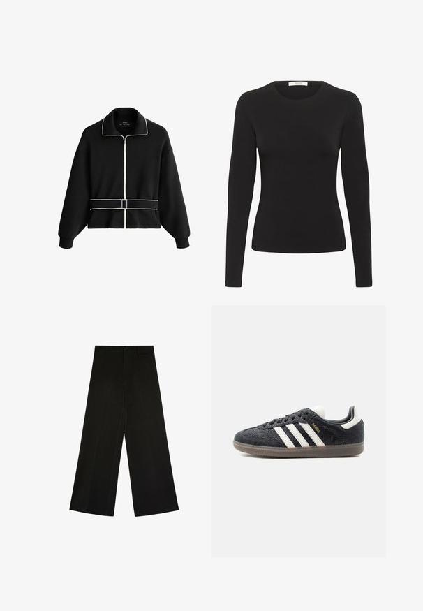 Veste noire à manches longues avec fermeture éclair, détails en biais blancs le long de la fermeture éclair, du col et de la ceinture de taille avec boucle.; Haut noir à manches longues en coton doux. Présente un col rond et une coupe ajustée, avec une texture lisse sans motifs ni accessoires visibles.; Pantalon noir à jambes larges avec fermeture par bouton et zip, passants de ceinture et plis d’avant, posé à plat sur fond blanc.; Baskets Adidas Samba noires avec des bandes blanches, semelle en gomme et texte doré "Samba" sur le côté, vues de profil gauche sur fond uni.
