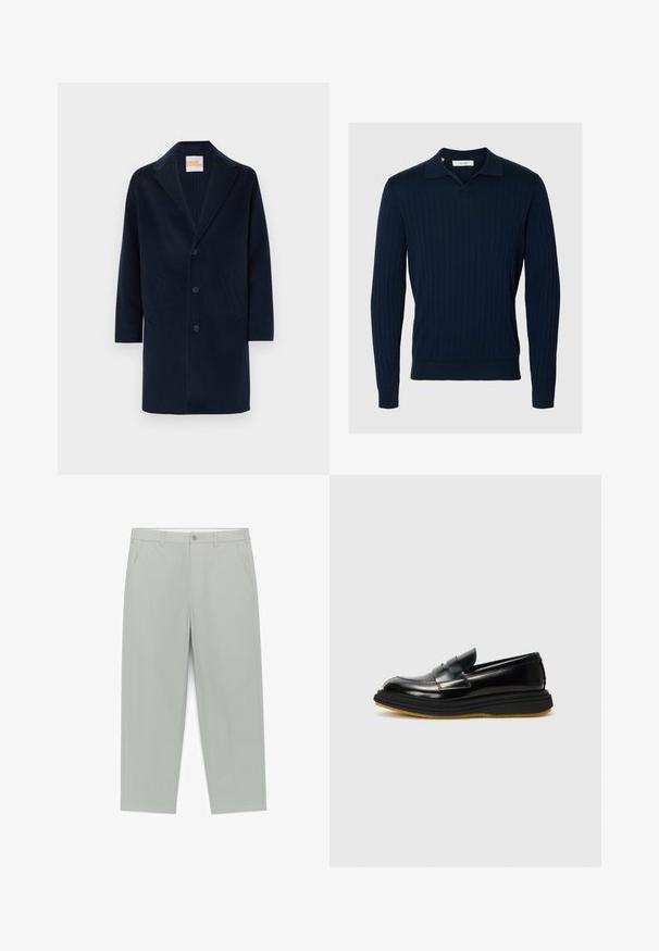 Manteau long en mélange de laine bleu marine avec un col cranté, une fermeture à boutons sur le devant et deux poches latérales. Texture lisse et coupe mi-longue.; Pull polo bleu marine à côtes avec manches longues, col et poignets doux, conçu pour un look ajusté et décontracté.; Pantalon gris clair à jambes droites avec passants pour ceinture, poches latérales, bouton frontal et fermeture éclair.; Mocassins en cuir noir au design structuré, avec un panneau avant surélevé, des détails en couture et une semelle en caoutchouc épaisse et texturée.