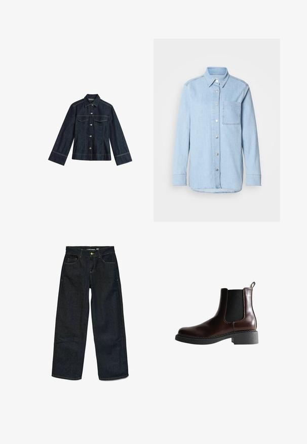 Mørkeblå denimjakke med spidse krave, trykknapper, to brystlommer og kontrastsying. Har lange, brede ærmer.; Lyseblå denimskjorte med knaplukning foran, spids krave, enkelt brystlomme og lange ærmer med knapmanchetter.; Mørkeblå, brede denimbukser med forhånds- og møntlommer, kontrasterende gul syning, knaplukning og bæltestropper.; Brune læder ankelstøvle med elastiske sidepaneler, rund tå og en struktureret sort gummisål. Har kontrasterende syninger og en trækflap.