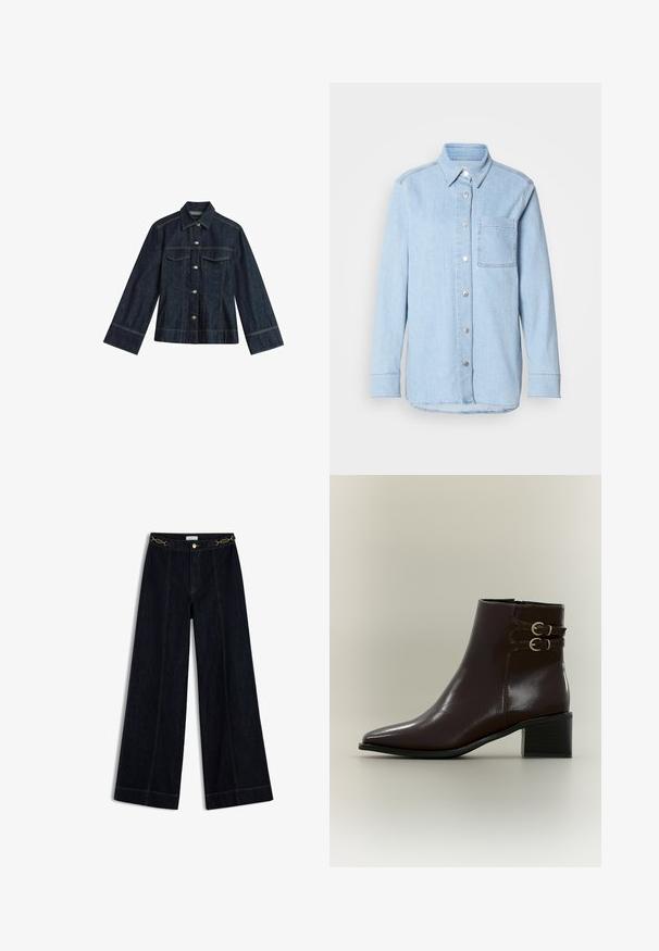 Donkerblauwe denimjas met een puntige kraag, drukknoopsluitingen, twee borstzakken en contrasterende stiksels. Heeft lange, brede mouwen.; Lichtblauwe denim shirt met een knoopsluiting aan de voorkant, puntige kraag, één borstzak en lange mouwen met knoopmanchetten.; Donkerblauwe high-waisted wijde jeans met voornaden, gouden knoopsluiting en korte gouden kettingriem in de taille.; Donkerbruine leren enkellaars met puntige neus, blokhak en twee decoratieve gouden gespen aan de zijkant tegen een effen achtergrond.
