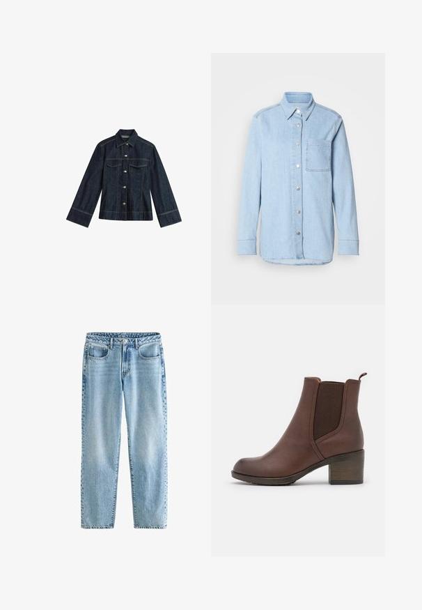 Donkerblauwe denimjas met een puntige kraag, drukknoopsluitingen, twee borstzakken en contrasterende stiksels. Heeft lange, brede mouwen.; Lichtblauwe denim shirt met een knoopsluiting aan de voorkant, puntige kraag, één borstzak en lange mouwen met knoopmanchetten.; Lichtblauwe denim jeans met een relaxte pasvorm. Beschikt over vier zakken, een klassieke knoopsluiting en minimale vervaging voor een uniforme textuur.; Bruine leren enkellaars met een gladde afwerking, elastische zijpanelen, een ronde neus en een gematigde houten hak.
