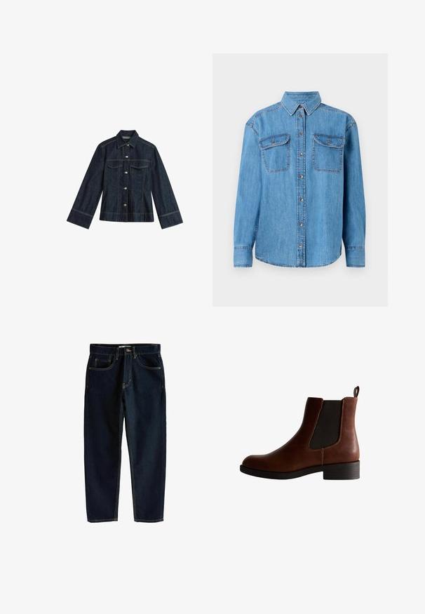 Donkerblauwe denimjas met een puntige kraag, drukknoopsluitingen, twee borstzakken en contrasterende stiksels. Heeft lange, brede mouwen.; Lichtblauwe denim overhemd met lange mouwen, knoopsluiting aan de voorkant, twee borstzakken en een klassieke kraag. Voorzien van contrasterende stiksels.; Donkerblauwe denim jeans met een rechte snit, voorzien van oranje stiksels, vijf zakken en een standaard knoopsluiting bij de taille.; Bruine leren enkelboot met elastische zijkanten, ronde neus en een lage blokhak. Kenmerkt zich door contrasterende stiksels en een trekband.