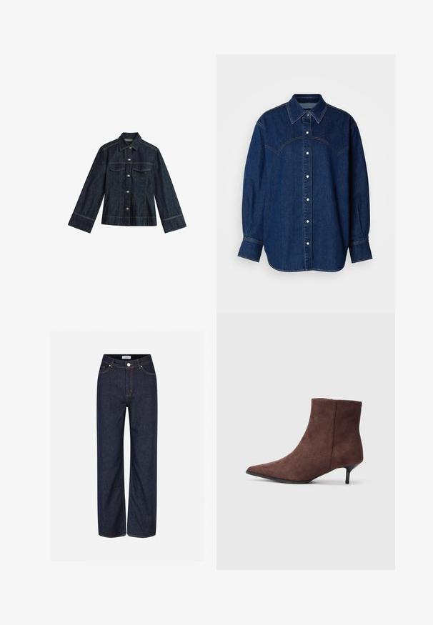 Donkerblauwe denimjas met een puntige kraag, drukknoopsluitingen, twee borstzakken en contrasterende stiksels. Heeft lange, brede mouwen.; Denim overhemd in donkerblauw, met een knoopsluiting aan de voorkant, klassieke kraag, lange mouwen en contrasterende stiksels over de schouder.; Donkerblauwe wijde jeans van denim, met grote zakken, contrasterende oranje stiksels en een knoopsluiting in de taille.; Bruine suède enkellaarzen met een puntige neus en een slanke zwarte hak. Heeft een gladde textuur en een eenvoudig ontwerp.