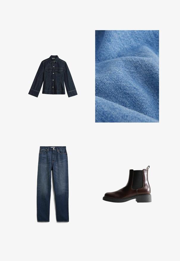Donkerblauwe denimjas met een puntige kraag, drukknoopsluitingen, twee borstzakken en contrasterende stiksels. Heeft lange, brede mouwen.; Denim stof in lichtblauw, met een zachte, gestructureerde oppervlakte en een zichtbaar twillpatroon. Het materiaal lijkt licht gekreukt.; Donkerblauwe jeans met rechte pijpen, voorzakken, riemlussen en een knoopsluiting, plat op een witte achtergrond gelegd.; Bruine leren enkelboot met elastische zijpanelen, ronde neus en een gestructureerde zwarte rubberen zool. Heeft contrasterende stiksels en een lusje aan de achterkant.