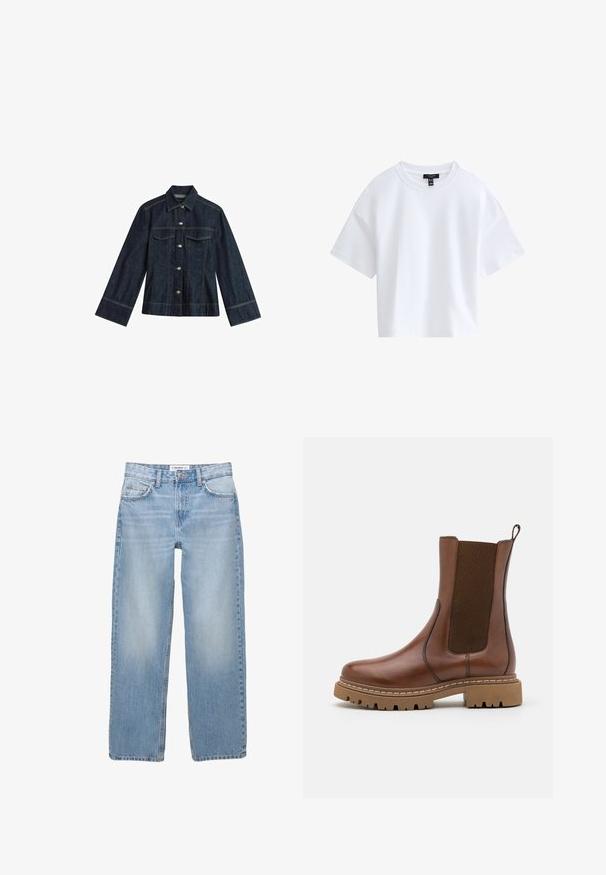 Donkerblauwe denimjas met een puntige kraag, drukknoopsluitingen, twee borstzakken en contrasterende stiksels. Heeft lange, brede mouwen.; Effen witte cropped T-shirt met korte mouwen, een ronde hals en een zwart merkembleem aan de binnenkant van de kraag.; Lichtblauwe denim jeans met een recht model, vijf zakken en zichtbare stiksels. De stof heeft een zachte, iets vervaagde textuur.; Bruine leren enkelboot met elastische panelen en een trekomed. Kenmerkt zich door een robuuste rubberen zool en zichtbare stiksels langs de randen.