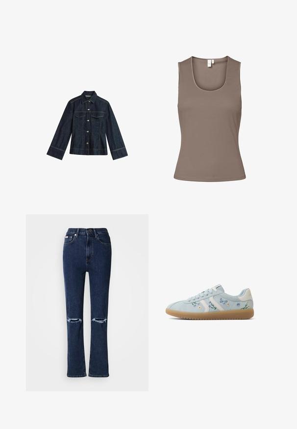 Donkerblauwe denimjas met een puntige kraag, drukknoopsluitingen, twee borstzakken en contrasterende stiksels. Heeft lange, brede mouwen.; Bruine mouwloze top gemaakt van gladde, elastische stof. Heeft een ronde halslijn en een getailleerd ontwerp, met minimale naden en geen versieringen.; Donkerblauwe denim jeans met hoge taille, voorzien van twee beschadigde knielopen, een rechte pijpvorm en subtiele stiksel details.; Lichtblauwe suède sneakers met witte accenten en geborduurde bloemenmotieven. Voorzien van veters, een gumrubberen zool en een laag uitgesneden silhouet.