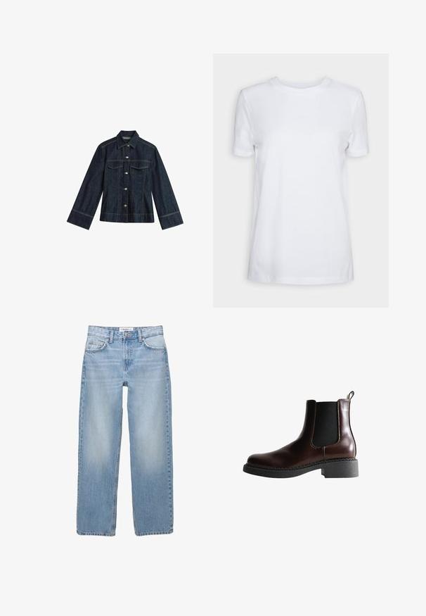 Donkerblauwe denimjas met een puntige kraag, drukknoopsluitingen, twee borstzakken en contrasterende stiksels. Heeft lange, brede mouwen.; Effen wit T-shirt met korte mouwen en ronde hals, normale pasvorm en een klein label aan de binnenkant van de hals met de tekst "SELECTED FEMME."; Lichtblauwe denim jeans met een recht model, vijf zakken en zichtbare stiksels. De stof heeft een zachte, iets vervaagde textuur.; Bruine leren enkelboot met elastische zijpanelen, ronde neus en een gestructureerde zwarte rubberen zool. Heeft contrasterende stiksels en een lusje aan de achterkant.