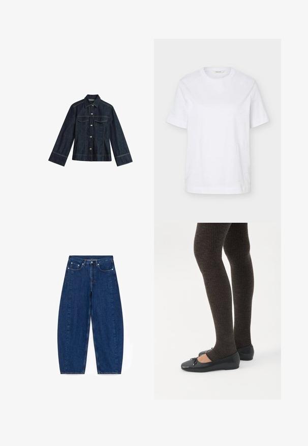 Mørkeblå denimjakke med spidse krave, trykknapper, to brystlommer og kontrastsying. Har lange, brede ærmer.; Hvid T-shirt med korte ærmer og rund hals med subtilt syet bølgemønster og et lille beige mærke inde i kraven.; Mørkeblå denimbukser med bred ben og høj talje, fem lommer og sølvhardware. Har synlige syninger og en glat tekstur.; Ben iført mørke ribbede leggings kombineret med sorte balletsko med små sløjfedetaljer på hvid baggrund.