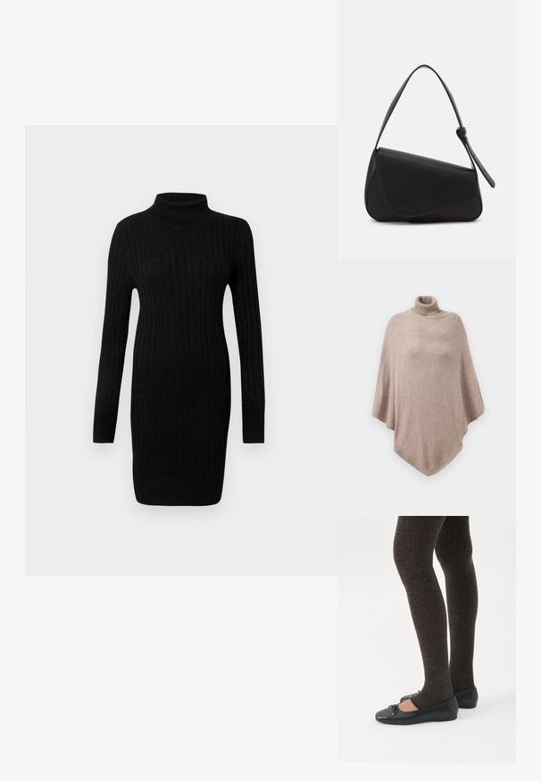 Bruine wollen poncho met een hoge ribbelkraag, voorzien van een losse, vloeiende ontwerp en een spitse zoom aan de voorkant en achterkant.; Zwarte kabelgebreide lange mouw turtleneck trui jurk met geribde manchetten en zoom op een effen witte achtergrond.; Benen met donkere geribbelde leggings gecombineerd met zwarte ballerina's met kleine strikdetails op een witte achtergrond.; Zwart leren handtas met een driehoekige vorm, schuine klep en een ronde handgreep. Heeft een gladde textuur en minimalistische ontwerpelementen.
