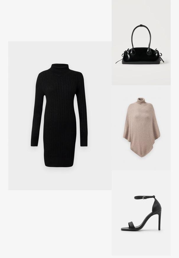 Brun uld poncho med en høj ribbet halsudskæring, der har et løst, flydende design og en spids kant forrest og bagest.; Sort kabelstrik langærmet tørklæde sweaterkjole med ribbede manchetter og kant på en neutral hvid baggrund.; Sort højhælet sandal med et sleek design, der har en ankelrem, åben tå og glat lædertekstur.; Lille sort blank håndtaske med to lange håndtag og snøre-detaljer i siden på en ensfarvet lys baggrund.