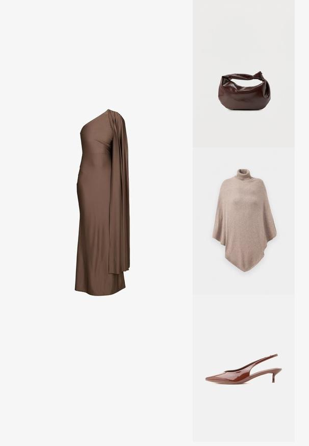 Poncho en laine marron avec un col côtelé haut, présentant un design ample et fluide, et un ourlet pointu à l'avant et à l'arrière.; Robe longue marron à une épaule avec une silhouette ajustée et un tissu drapé tombant de l’épaule unique.; Escarpin slingback brun brillant à talon kitten pointu avec bout pointu et talon bas et fin sur fond blanc.; Sac bandoulière en cuir marron foncé avec une forme souple et décontractée et une anse nouée torsadée sur un fond blanc uni.