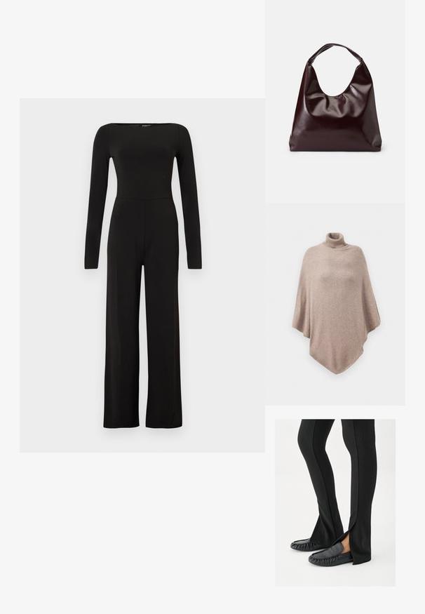 Brun uld poncho med en høj ribbet halsudskæring, der har et løst, flydende design og en spids kant forrest og bagest.; Sort jumpsuit med lange ærmer og vide ben, tætsiddende talje og bådudskæring, vist mod en ensfarvet lys baggrund.; Ben iført sorte flagrende bukser med sideslids, kombineret med sorte lædermoccasins på en hvid baggrund.; Bordeaux, skinnende vegansk læder tote taske med en blød, skulpturel form og et bredt, buet håndtag for nem bæring.
