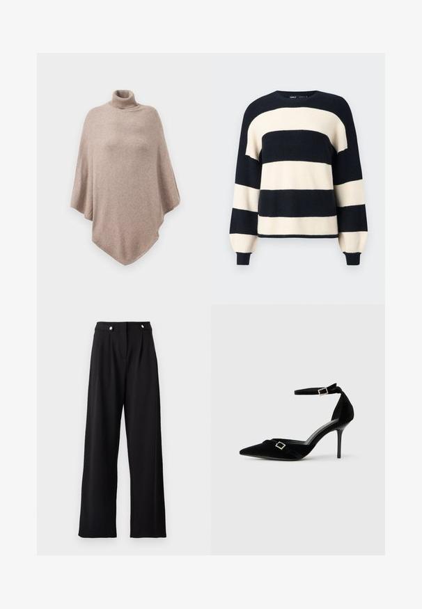 Brun uld poncho med en høj ribbet halsudskæring, der har et løst, flydende design og en spids kant forrest og bagest.; Stribet sweater med brede horisontale striber i marineblå og cremefarve. Ribbet halsudskæring og manchetter med en afslappet pasform. Blød tekstur.; Sorte vidde bukser med en glat tekstur, der har høj talje, fejre folder og metalknapdetaljer.; Sort fløjls højhælet sko med spids tå, ankelrem med en spændeaccent og en slank, glinsende stilettohæl.