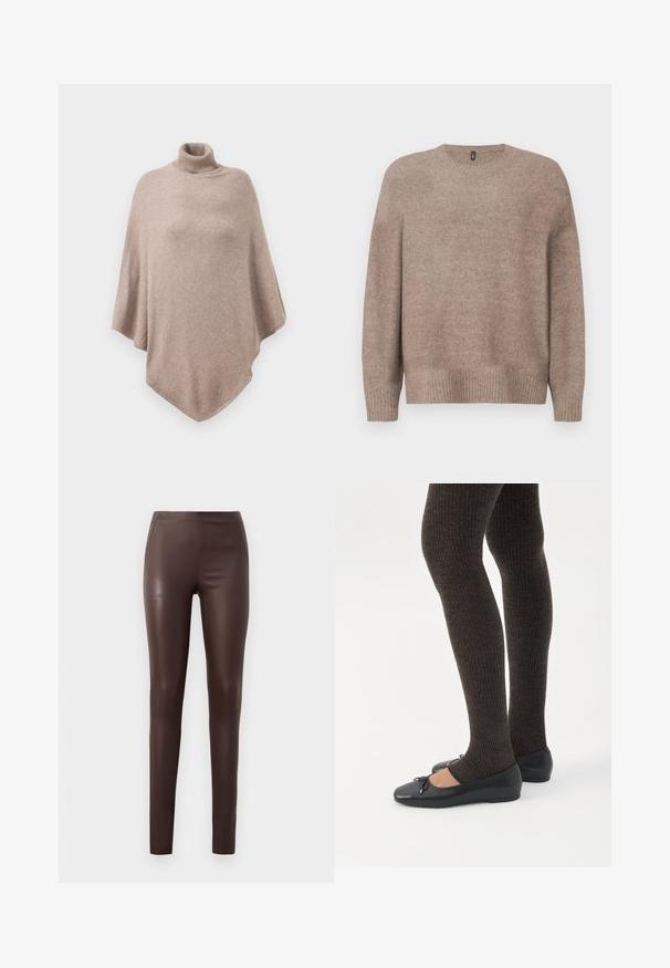 Brun uld poncho med en høj ribbet halsudskæring, der har et løst, flydende design og en spids kant forrest og bagest.; Beige striktrøje med rund hals, lange ærmer, ribbet kant og manchetter, der har en blød, struktureret overflade.; Brune faux læder leggings med en glat tekstur, tætsiddende pasform, høj talje og sømdetaljer, der er velegnede til afslappet eller semi-formelt tøj.; Ben iført mørke ribbede leggings kombineret med sorte balletsko med små sløjfedetaljer på hvid baggrund.