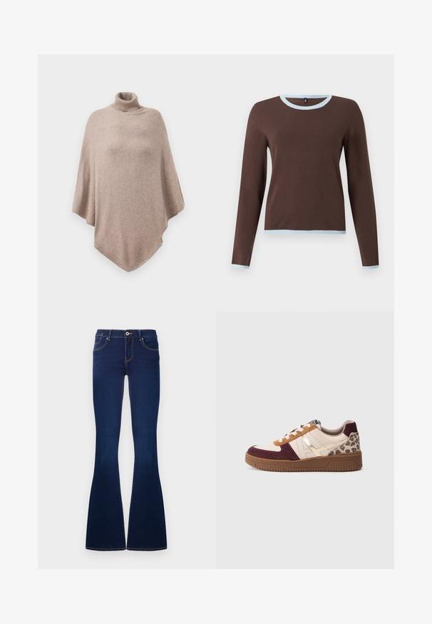 Brun uld poncho med en høj ribbet halsudskæring, der har et løst, flydende design og en spids kant forrest og bagest.; Brun langærmet sweater med lyseblå kant på krave, manchetter og kant, vist fladt mod en hvid baggrund.; Mørkeblå denim flared jeans med frontknap, lynlås, bælteløkker og fem lommer, vist mod en hvid baggrund.; Sneaker med en blanding af lys pink, burgunder og brun ruskind, med leopardprint-detaljer, guldstribe og en sål af gummirubber.