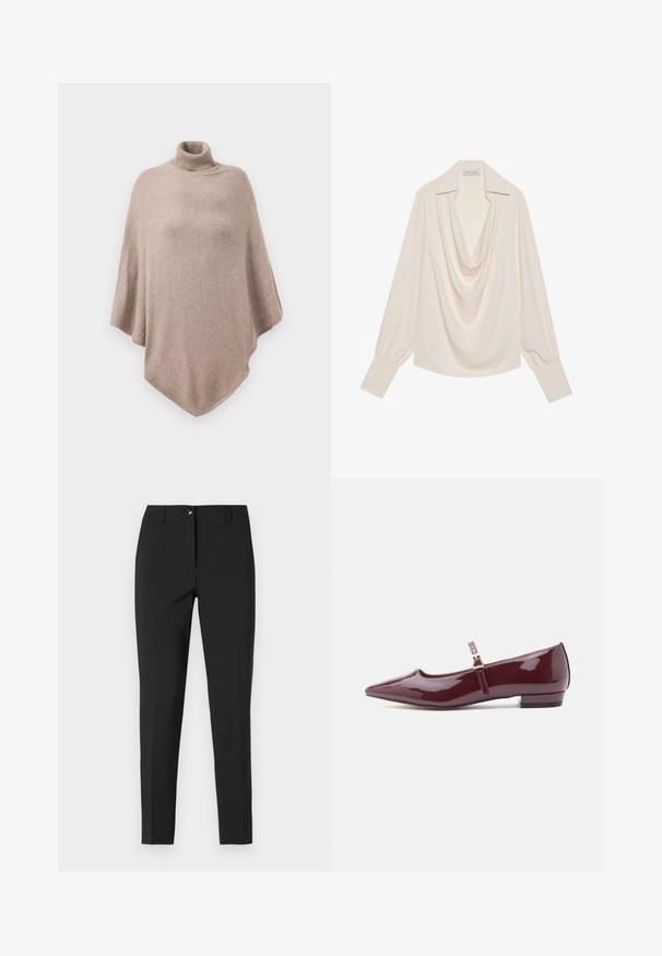 Brun uld poncho med en høj ribbet halsudskæring, der har et løst, flydende design og en spids kant forrest og bagest.; Langærmet bluse med krave i lys crèmefarvet stof, der har en afslappet pasform, opfoldede manchetter og sømløs drapering ved halsudskæringen.; Sorte figursyede bukser i glat stof med en klassisk talje, lynlås i fronten og sidelommer samt et elegant, skræddersyet design.; Lystige bordeaux patenterede læder Mary Jane flade sko med spids tå, flad hæl og en rem med en lille spænde detalje.