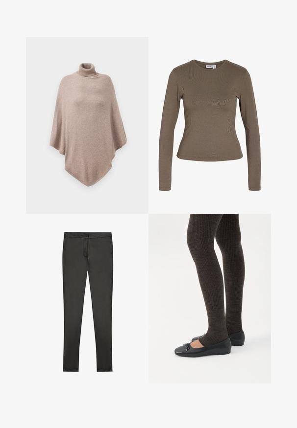 Brun uld poncho med en høj ribbet halsudskæring, der har et løst, flydende design og en spids kant forrest og bagest.; Langærmet, tætsiddende t-shirt med rund hals i ensfarvet brun med et enkelt design uden synlige mønstre eller logoer.; Sorte, slim-fit bukser lavet af et glat, strækbart materiale. Har en flad talje og et elegant design uden synlige lommer.; Ben iført mørke ribbede leggings kombineret med sorte balletsko med små sløjfedetaljer på hvid baggrund.