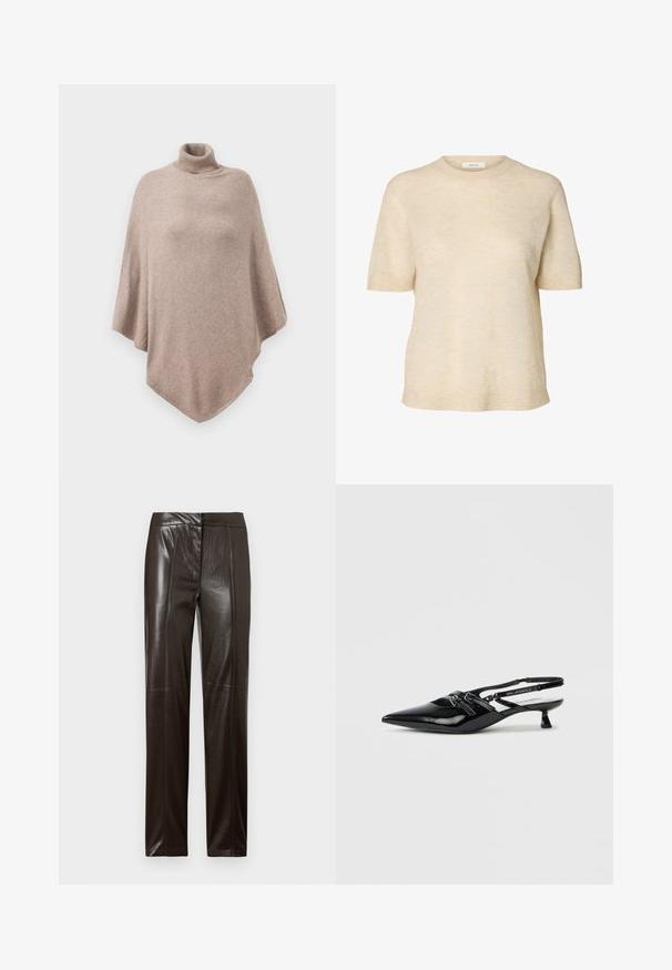 Poncho en laine marron avec un col côtelé haut, présentant un design ample et fluide, et un ourlet pointu à l'avant et à l'arrière.; Pull en maille beige à manches courtes avec col rond et poignets et ourlet côtelés, confectionné dans un tissu doux et texturé.; Pantalons en cuir marron foncé à jambes droites, avec une finition lisse et de subtiles coutures le long de l'avant.; Chaussure slingback en cuir verni noir avec bout pointu, petit talon carré et bride ajustable ornée de détails découpés et d'accents logo.