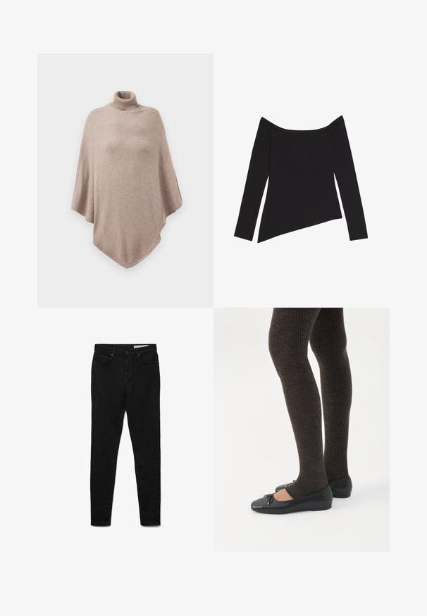 Brun uld poncho med en høj ribbet halsudskæring, der har et løst, flydende design og en spids kant forrest og bagest.; Sort off-the-shoulder langærmet top med ribbet tekstur og en asymmetrisk kant, der fremhæver et tætsiddende design og blødt materiale.; Sorte denimjeans med en slank pasform, der har talje i midjehøjde, fem lommer, lukning med metalknap og diskrete syningsdetaljer.; Ben iført mørke ribbede leggings kombineret med sorte balletsko med små sløjfedetaljer på hvid baggrund.