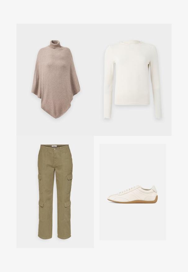 Brun uld poncho med en høj ribbet halsudskæring, der har et løst, flydende design og en spids kant forrest og bagest.; Langærmet, kremefarvet tætsiddende top med rynket runder halsudskæring og kant, vist på en ensfarvet lys grå baggrund.; Khaki cargo bukser med lige ben design, lavet af bomuldsblanding, med flere lommer og knaplukning.; Hvid lædersneaker med en glat tekstur, rund tå og tonale syninger. Har en tanfarvet gummisål og snørebånds-lukning.