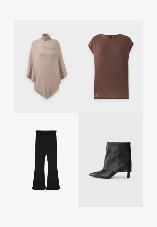 Brun uld poncho med en høj ribbet halsudskæring, der har et løst, flydende design og en spids kant forrest og bagest.; Brun kortærmet top lavet af et blødt, let materiale. Den har en rund halsudskæring og en afslappet pasform med en lige kant.; Sorte flared leggings lavet af strækbart stof. Har en bred talje og en glat tekstur, med en tætsiddende silhuet der bredder sig ved sømmen.; Sort ankelstøvle lavet af glat læder med spids tå og tilspidset hæl. Overdelen har et let rynket design.