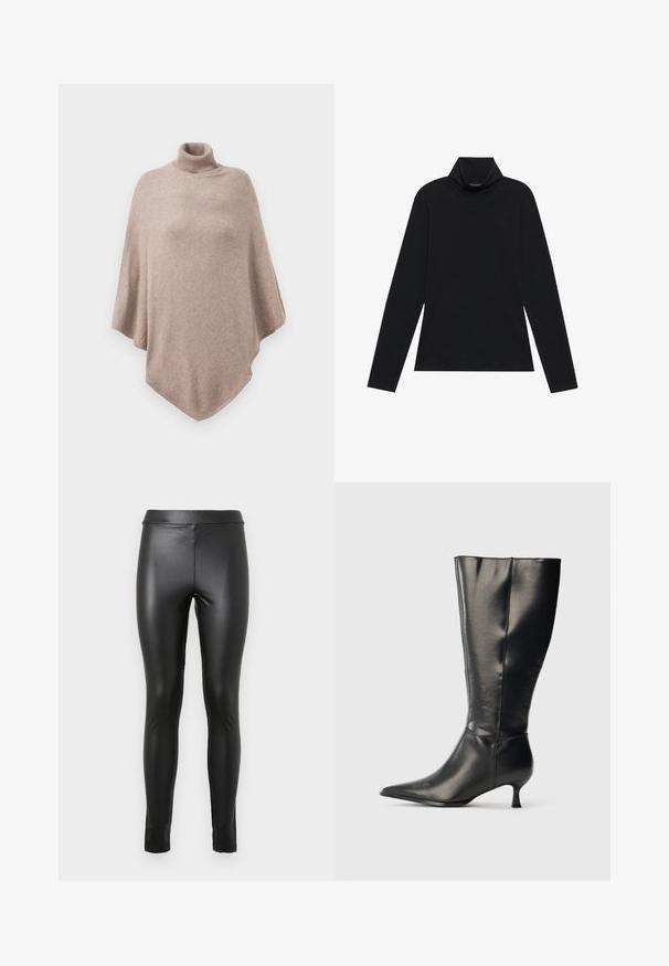 Poncho en laine marron avec un col côtelé haut, présentant un design ample et fluide, et un ourlet pointu à l'avant et à l'arrière.; Turtleneck à manches longues noir. Tissu doux, design près du corps, col montant et coutures latérales. Style simple et polyvalent, idéal pour le superposition.; Leggings en simili cuir noir avec une texture lisse, une taille haute et une coupe fuselée. Présente des coutures minimales sans embellissements supplémentaires.; Botte en cuir noire montant jusqu'au genou, avec un bout pointu et un petit talon bas, présentée sur un fond clair uni.