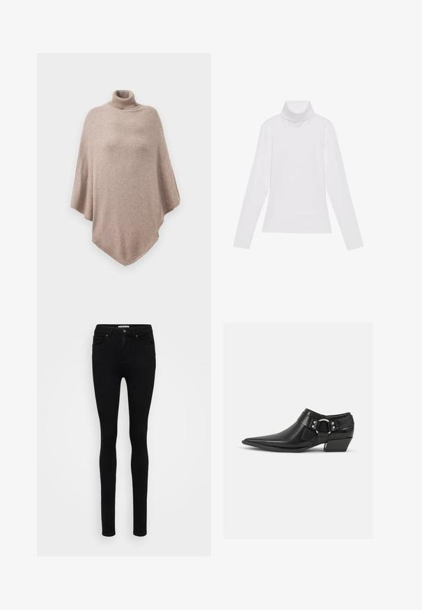 Brauner Wollponcho mit hohem Rippkragen, der ein lockeres, fließendes Design und einen spitzen Saum an der Vorder- und Rückseite aufweist.; Weißes Langarm-Turtleneck-Oberteil aus glattem, elastischem Stoff. Mit hohem Kragen und tailliertem Schnitt, ohne sichtbare Muster oder Verzierungen.; Schwarze Skinny-Jeans aus Denim mit mittelhohem Taillenbund, fünf Taschen und glatter Textur. Verfügt über einen Knopf- und Reißverschluss vorne.; Schwarze Leder-Ankle-Boots mit spitzem Zeh, ausgestattet mit einem vorderen Leder-Riemen und einem silbernen Schnallendetail sowie einem niedrigen Blockabsatz.