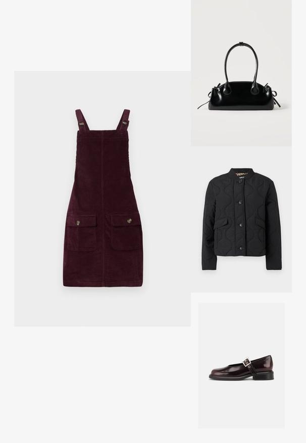 Veste matelassée noire avec col rond, fermeture à boutons sur le devant, deux poches à rabat et un motif ondulé subtil sur le tissu.; Robe en velours côtelé de couleur bourgogne profond, avec des bretelles ajustables, des poches avant avec quincaillerie en métal et une coupe ajustée. Tissu texturé.; Chaussure Mary Jane unique brillante couleur bordeaux foncé avec une large bride et une boucle argentée, talon bloc bas et bout arrondi sur fond blanc.; Petit sac à main noir brillant avec deux longues anses et des détails à cordon sur les côtés sur un fond clair uni.