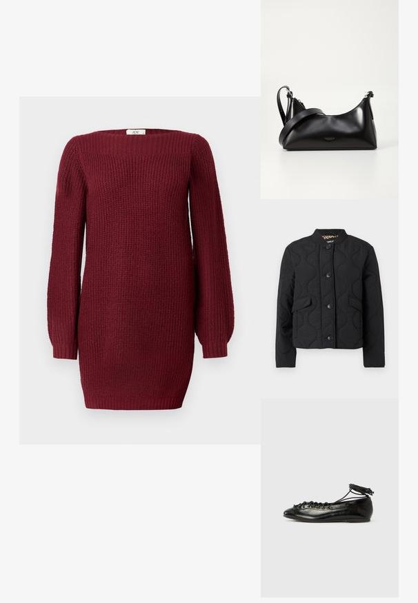Veste matelassée noire avec col rond, fermeture à boutons sur le devant, deux poches à rabat et un motif ondulé subtil sur le tissu.; Robe en tricot bordeaux à manches longues, décolleté carré et texture côtelée. Elle présente une coupe légèrement ajustée et des poignets élastiqués.; Ballerines en cuir verni noir avec un bout rond, un design à lacets et une semelle plate. Texture lisse avec peu de détails.; Sac à main en cuir noir avec une texture lisse. Dispose d'une bandoulière adjustable et d'un design élégant et minimaliste avec une fermeture éclair.