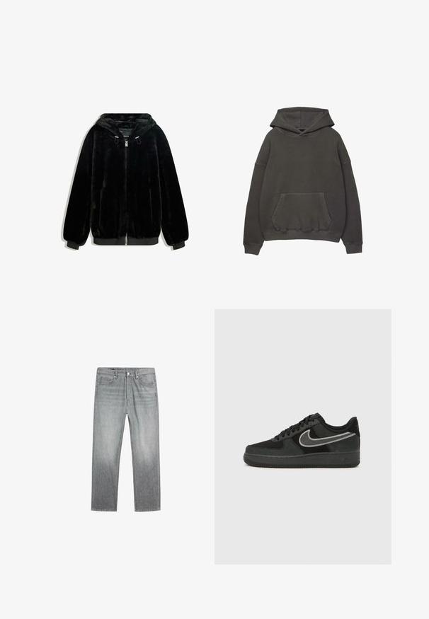 Sort faux fur jakke med hætte, lynlås foran, ribbede manchetter og kant. Blød tekstur, løs pasform og minimalistisk design.; Mørkegrå hættetrøje lavet af blød bomuldsblanding. Har en stor frontlomme, brede ærmer og en hyggelig hætte. Ribbet kant og manchetter.; Enkle grå jeans med lige ben, frontknap og lynlås, fem-lomme design og subtil falmning på lårene.; Nike Air Force 1 sneaker i sort ruskind og læder med en sølvfarvet swoosh, rund tå, snørebånd og tekstureret gummiydersål.