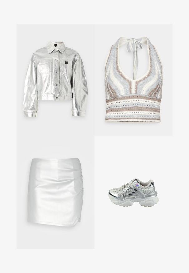 Veste en jean cropped argent métal avec manches longues, deux poches avant, fermeture à boutons et écusson de marque sur la poitrine gauche.; Haut halter en crochet avec des rayures bleu clair, beige et blanc, doté d'un décolleté en V profond et d'un lien dans le dos. Texture en torsion ouverte sur l'ensemble.; Even&Odd by Zalando Short - silver; Baskets argentées avec une tige en mesh, présentant un design métallique brillant, une épaisse semelle blanche et des accents réfléchissants. Surface texturée pour une meilleure adhérence.