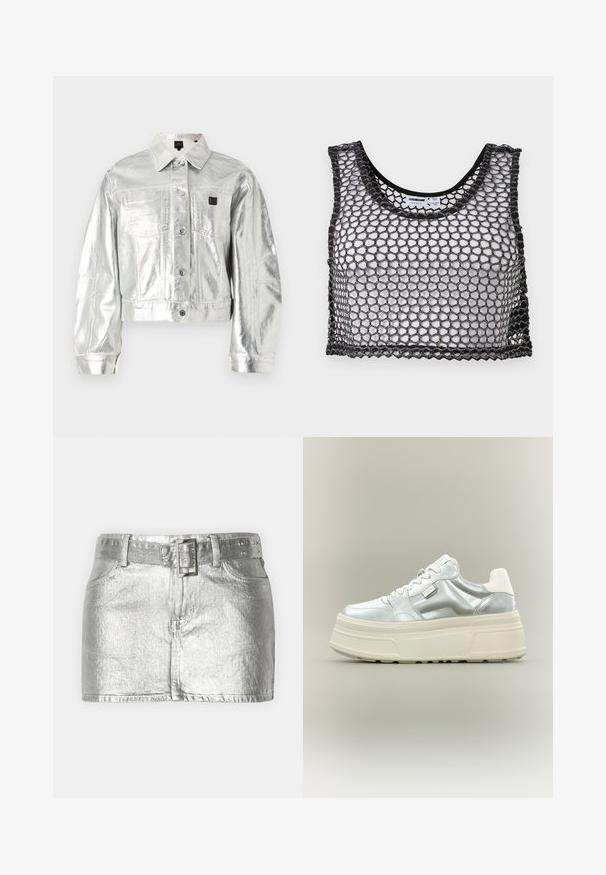 Veste en jean cropped argent métal avec manches longues, deux poches avant, fermeture à boutons et écusson de marque sur la poitrine gauche.; Haut court noir sans manches avec large maille en filet et bords festonnés, posé à plat montrant l'avant et les détails de l'étiquette intérieure.; Jupe en denim métallique argentée avec une taille ceinturée, comportant quatre poches, une fermeture éclair à l'avant et une texture légèrement usée.; Baskets à plateforme épaisses avec dessus argent métallisé, lacets blancs et semelle épaisse texturée crème, présentées en profil sur fond neutre.