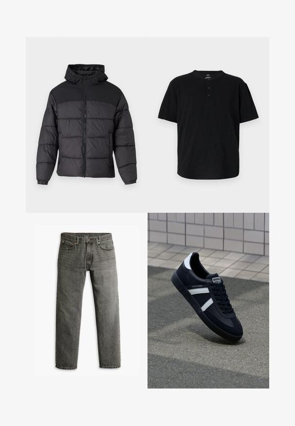 Chaqueta acolchada negra con capucha, con cierre de cremallera en la parte delantera, puños elásticos y un diseño acolchado. La parte superior es de tejido liso.; Camiseta negra de manga corta con cuello redondo, tapeta de tres botones y un corte holgado. Fabricada con un tejido suave y texturizado.; Jeans de mezclilla gris con un diseño de pierna recta, estilo clásico de cinco bolsillos y un sutil detalle de costura en las costuras y los bolsillos.; Zapatilla de cuero negra con rayas blancas, suela de goma texturizada y parte frontal con cordones. Cuenta con una etiqueta de marca en la lengüeta.