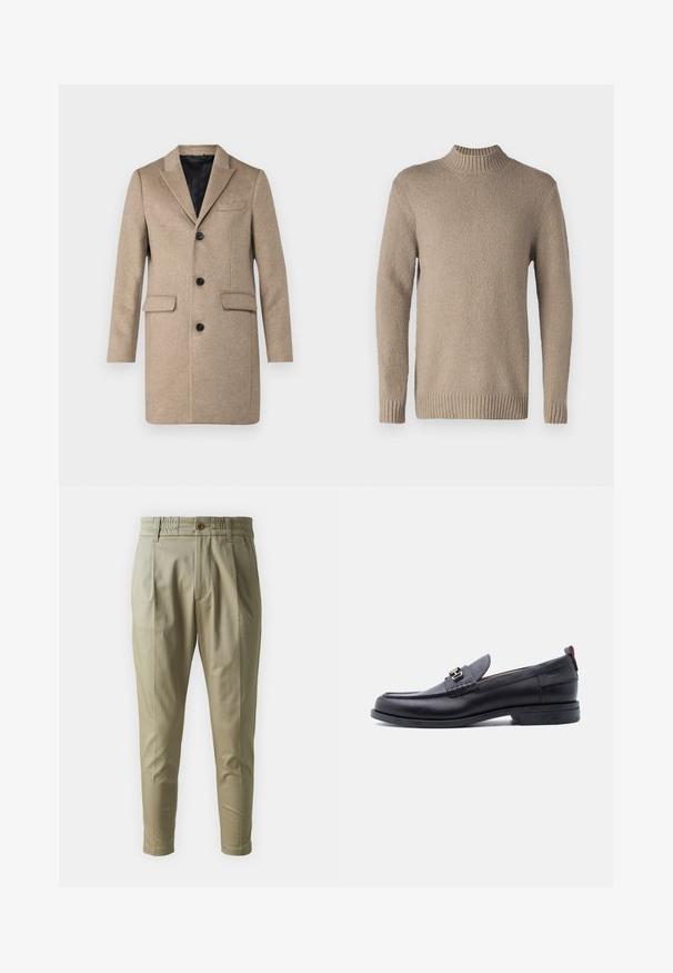 Manteau en laine beige avec col cranté, fermeture à trois boutons, deux poches avant et doublure intérieure noire lisse.; Pull en tricot beige avec une surface texturée, un col et des bretelles côtelés. Doté de manches longues et d'un ourlet droit pour un design classique.; Pantalons tapered beige clair avec une taille élastique, fermeture à bouton sur le devant et deux poches latérales ; tissu lisse avec un léger éclat.; Mocassin en cuir noir avec empeigne texturée grise, détail boucle en métal argenté, petit talon et languette à l'arrière.