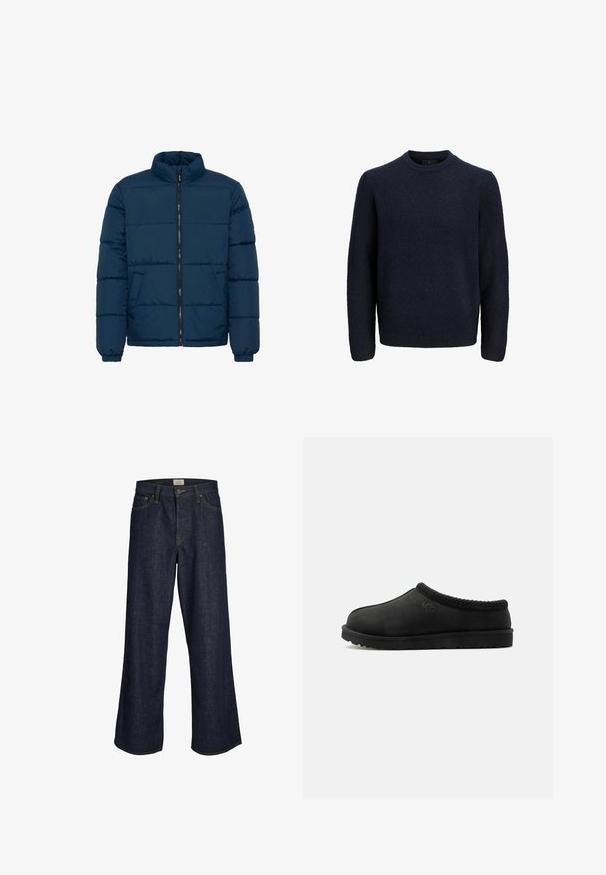 Marineblå pufferjakke med høj krave, lynlåslukning foran, to sidelommer og vandret syning for isolering. Glat stoftekstur.; Mørkeblå, struktureret sweater med rund halsudskæring og lange ærmer. Lavet af et blødt materiale, der har en afslappet pasform og ribbede manchetter.; Mørkeblå brede jeans lavet af denim, med en frontlynlås, fem lommer og kontraststikninger. Enderne er råskåret.; Sort slip-on UGG-tøfler med en blød sål og strikket kant rundt kraven, sidevisning på hvid baggrund.