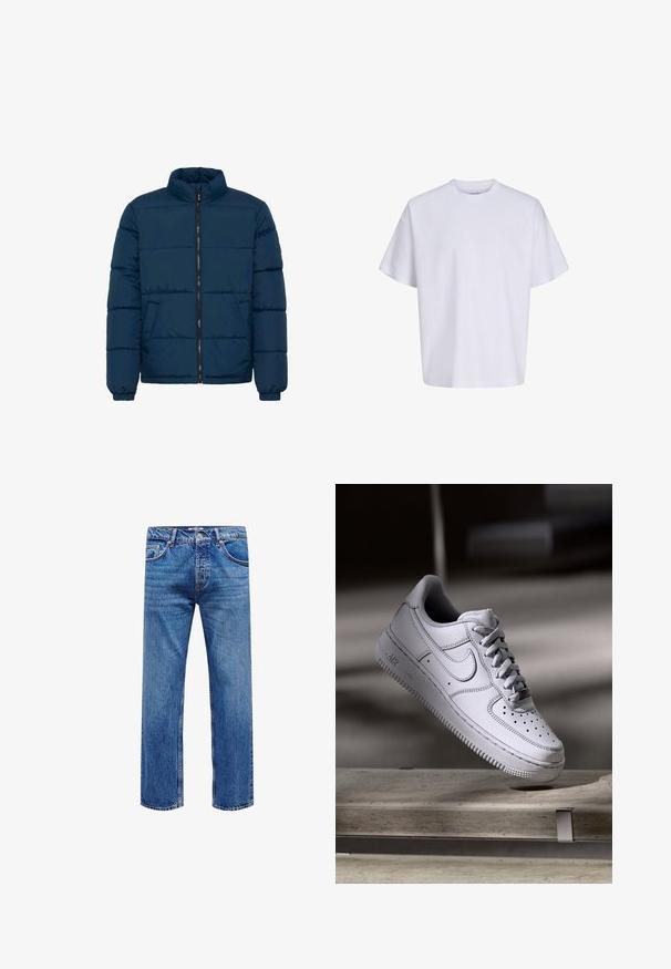 Marineblauwe pufferjack met een hoge kraag, rits aan de voorkant, twee zijzakken en horizontale stiksels voor isolatie. Gladde stoftextuur.; Effen witte oversized T-shirt met korte mouwen, ronde hals en losse pasvorm tegen een witte achtergrond.; Blauwe rechte spijkerbroek met knopen en ritssluiting aan de voorkant, riemlussen en voorzakken, getoond tegen een witte achtergrond.; Witte Nike Air Force 1 sneaker van leer met geperforeerde neus, platte veters en een gestructureerde rubberen zool met "AIR"-logo aan de zijkant.